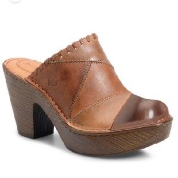 Born Brown Leather Patchwork Slip On Mule Clogs - Picture 1 of 8